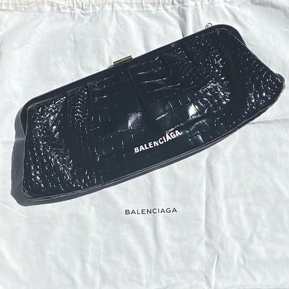 Balenciaga Extra Large Black Croc Embossed Leather Clutch - Picture 1 of 14